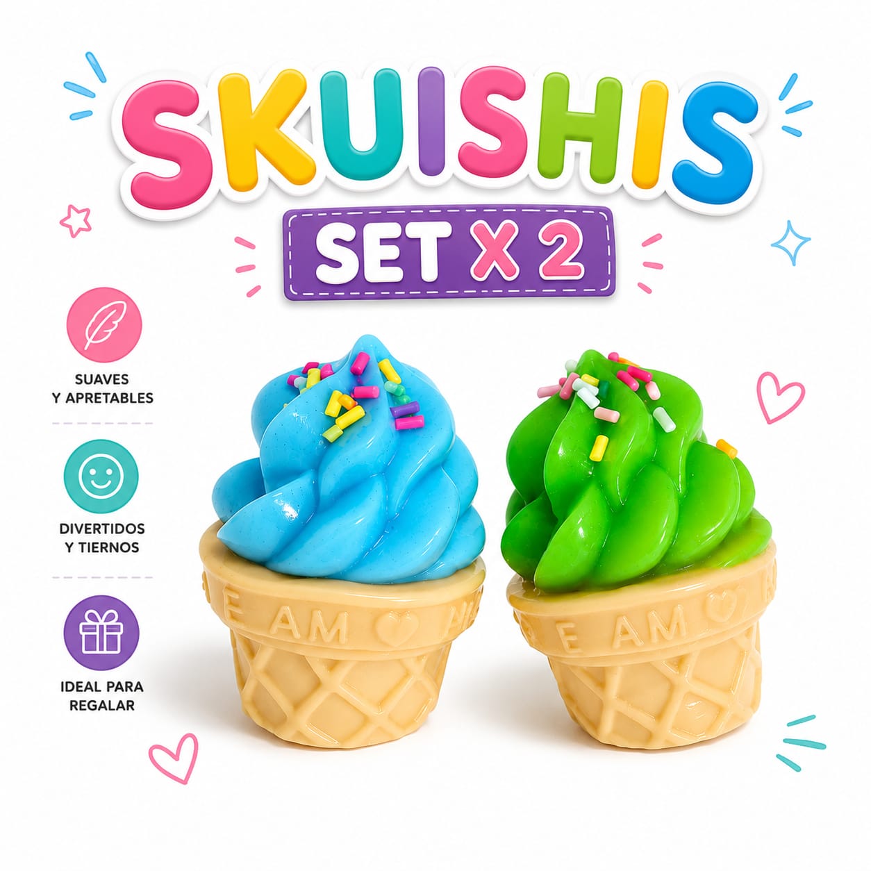Set x2 Squishies Antiestrés Helado Suave Apretable para Niños